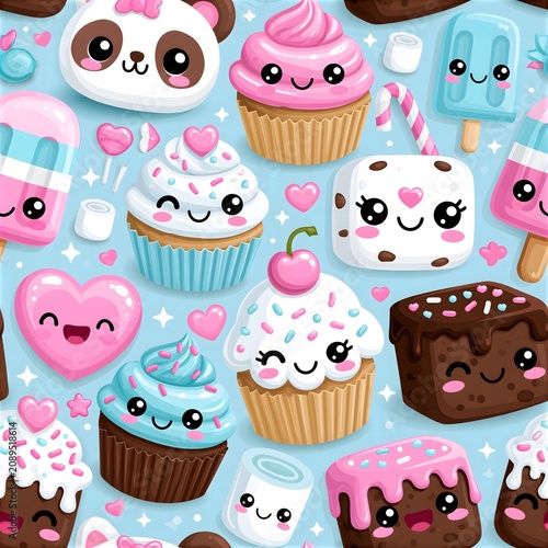 Seamless pattern of cute kawaii desserts and sweets on blue background with seamless background wallpaper chocolate illustration repeating delicious marshmallow wrapping backdrop celebration