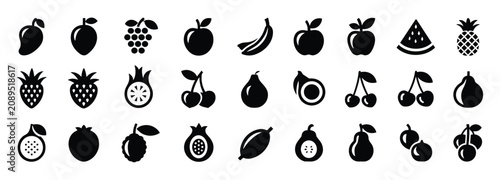 Bilde på lerret Collection of thirtysix distinct black fruit icons including mangoes apples pear