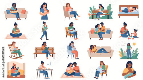 Collection of illustrations depicting diverse mothers breastfeeding their babies in various everyday settings, promoting maternal care and bonding.