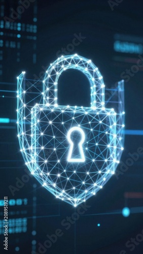 cyber security lock with glowing blue lines
