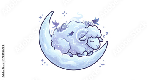 Obraz na plátně Dreamy Sheep Sleeping on Crescent Moon with Birds and Stars