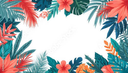 Vibrant Tropical Botanical Frame with Diverse Leaves and Florals in Circular Composition
