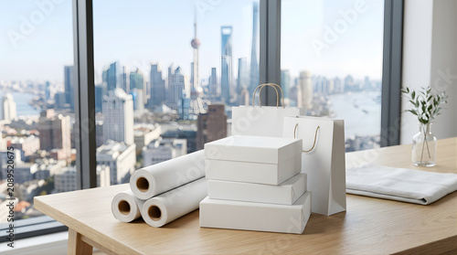 Assortment of White Cardboard Boxes and Rolls of Paper on a Wooden Desk with a Cityscape View Through the Window