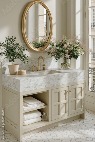Parisian apartment bathroom vanity featuring a warm cream cabinet, marble countertop, elegant faucet, decorative flowers, and a round mirror reflecting natural light