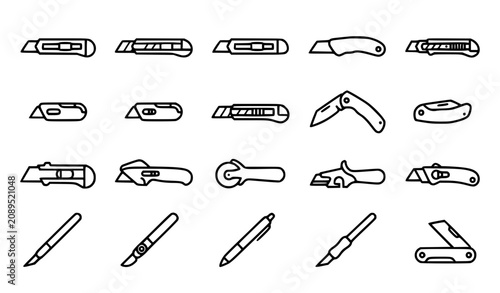 Minimal stationery cutter knife outline icon collection with utility blade box cutter and craft tool vector illustration