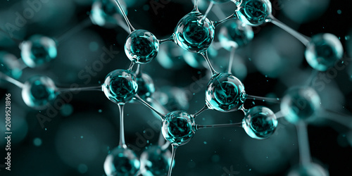 Abstract molecular structure of a chemical compound with glowing blue spheres and connecting bonds