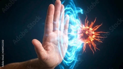 Human hand blocking virus cell with glowing blue shield. Suitable for medical presentation, health advertising, education, and science documentary.