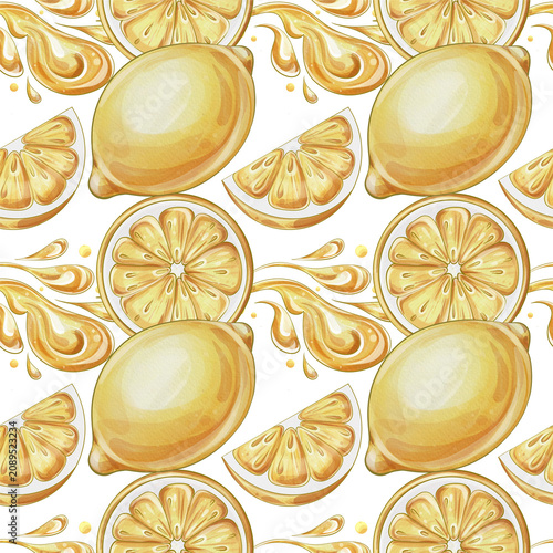 Foto Lemon Splash Seamless Pattern Watercolor Illustration, Fresh Citrus Fruit and Le