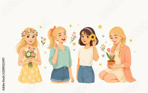 Four young women enjoying springtime with flowers and sunshine isolated on transparent background