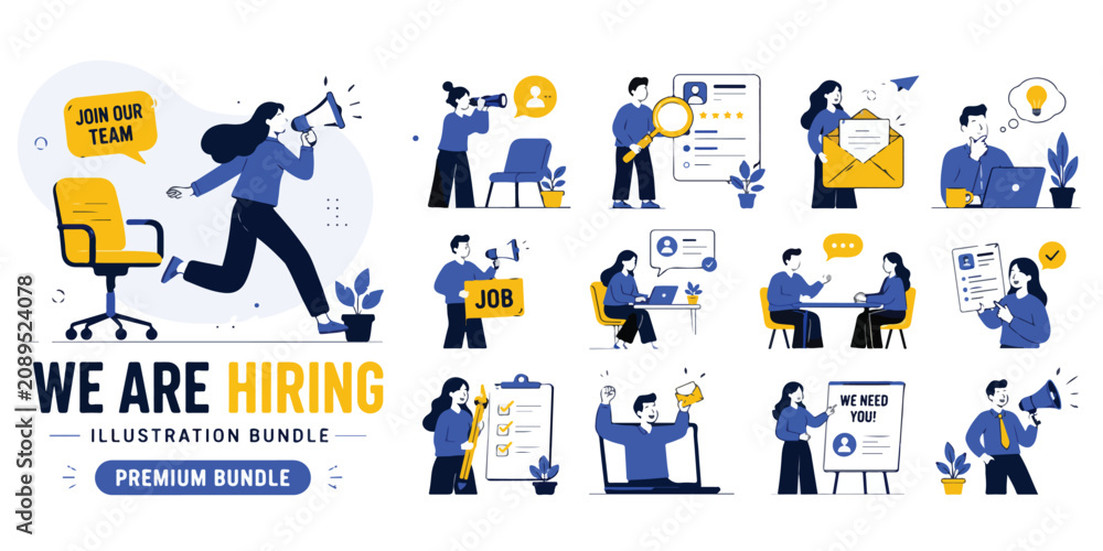 Fototapeta premium Hiring and recruitment illustration bundle, flat business character set for job search, corporate human resources vector collection for career web design