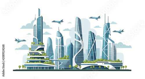 Futuristic cityscape with modern skyscrapers and flying airplanes.