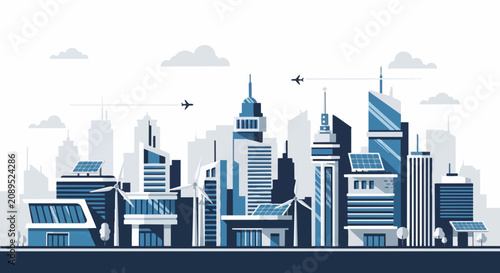 Futuristic city skyline with modern eco-friendly architecture.