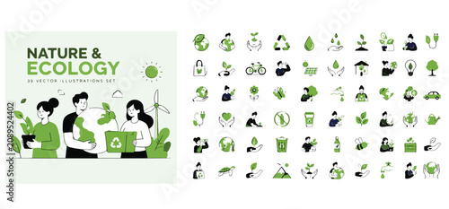 Nature and ecology 60 vector illustration set, green environmental sustainability icons, eco friendly lifestyle and renewable energy graphics