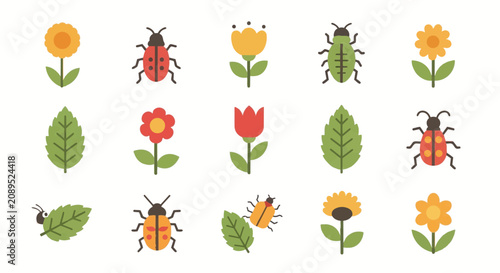 Colorful flat design icons of flowers, leaves, and ladybugs.
