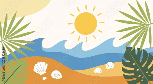 Tropical beach scene with palm leaves and ocean waves.