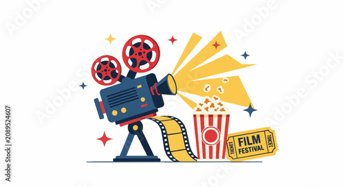 Vintage movie camera with film reels and popcorn for cinema theme.