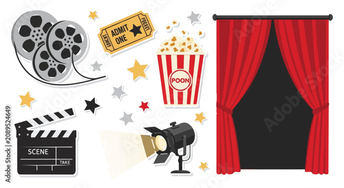 Vintage movie night icons with popcorn and film reels.