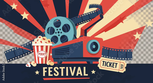 Vintage movie festival poster with popcorn and film reels.