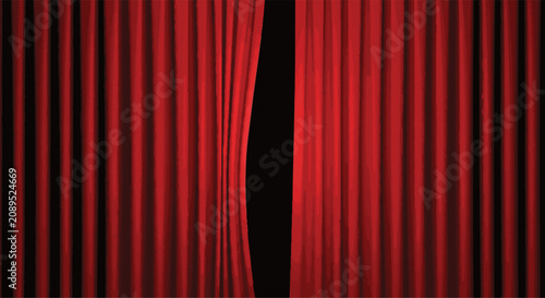 Rich red theater curtains partially opened on stage.