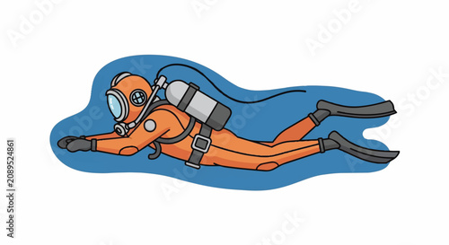 Illustration of a scuba diver swimming underwater in blue water.
