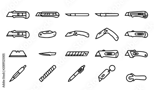 Linear cutter knife icon set with utility stationery craft blade and box cutter symbols isolated vector graphics