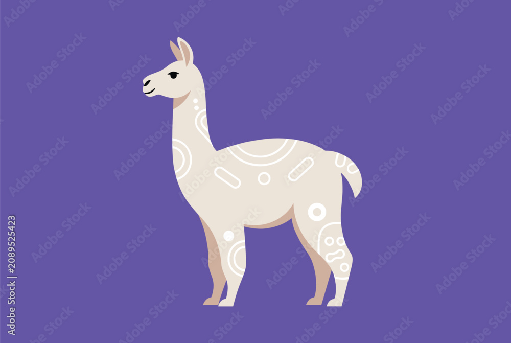 Fototapeta premium Charming white llama standing against a vibrant purple background with subtle geometric patterns on its coat for a modern feel.