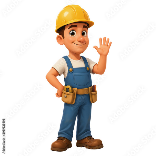 Friendly construction worker in blue overalls and yellow hard hat waving hello during daylight isolated on transparent background