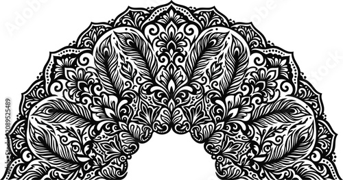 Symmetrical half mandala ornament with peacock feathers and floral motifs.