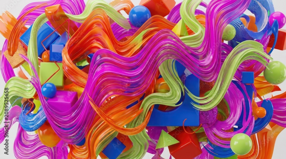 Obraz premium Vibrant Colorful Abstract 3D Waves and Geometric Shapes