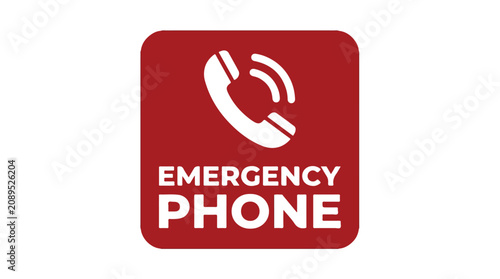 Emergency phone sign vector, red safety call icon with handset symbol, urgent communication label for public facilities and industrial sites