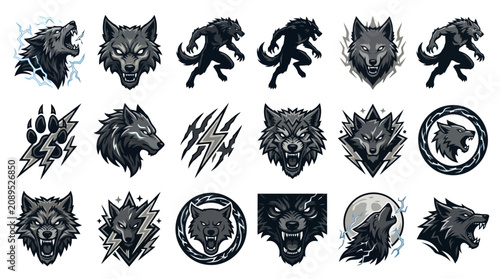 Schilderij op canvas Modern Black and Gray Wolf Head Illustrations with Dynamic Lightning and Energy
