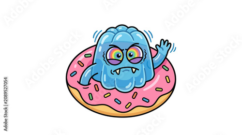Obraz na plátně Funny Blue Jelly Monster Inside Pink Donut, Cartoon Character, Waving Hand