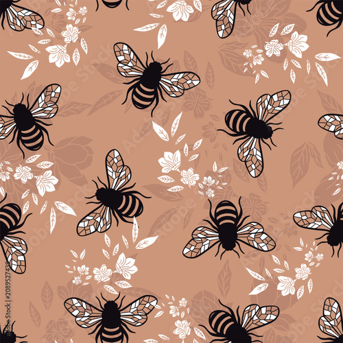 Black Honey Bees and White Florals Vector Seamless pattern