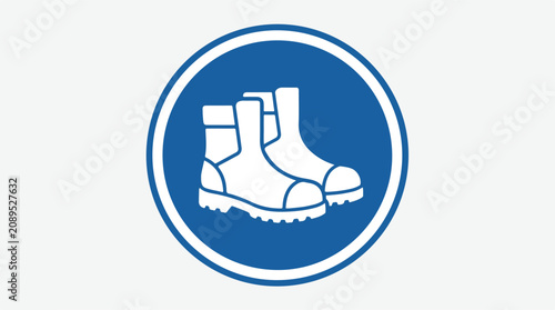 Safety footwear mandatory sign, industrial blue circle icon with protective boots, occupational health and safety vector for construction sites