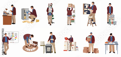 Schilderij op canvas Set of illustrations showing a male office worker managing paperwork, filing documents, organizing taxes, and performing various administrative tasks in a professional setting