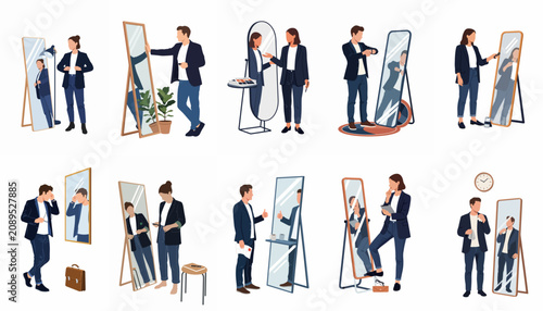Tableau sur toile Set of flat illustrations showing men and women in business casual attire checking their reflection in full-length mirrors during their daily routine