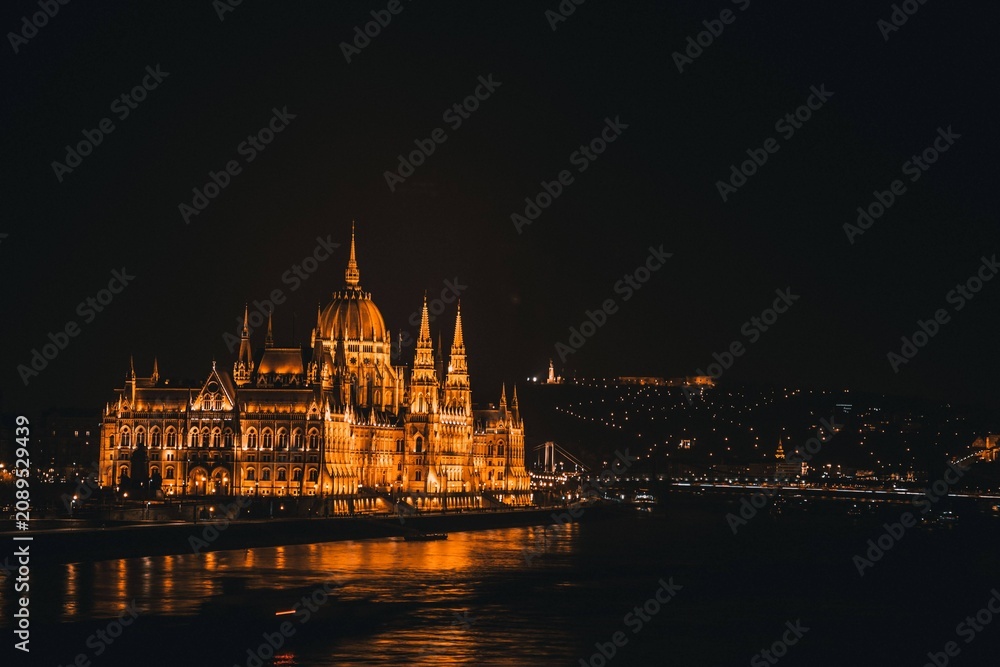 Obraz premium Hungarian Parliament Building illuminated at night