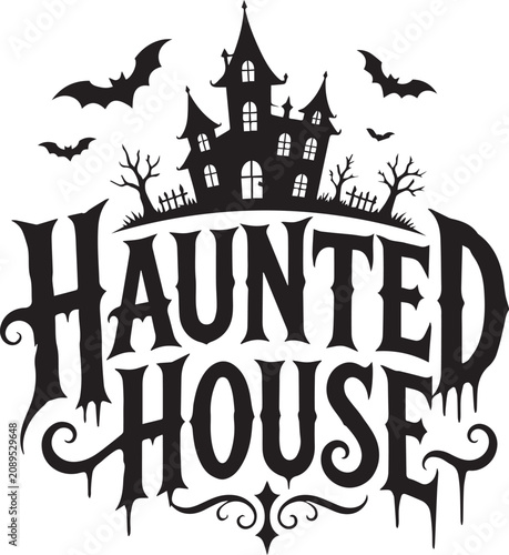 Spooky Haunted House Typography Design with Castle, Bats, and Dead Trees for Halloween