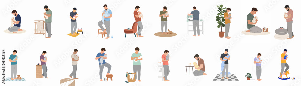 Obraz premium Set of diverse fathers holding, carrying, and caring for their newborn babies in various household settings, minimalist flat illustration style.