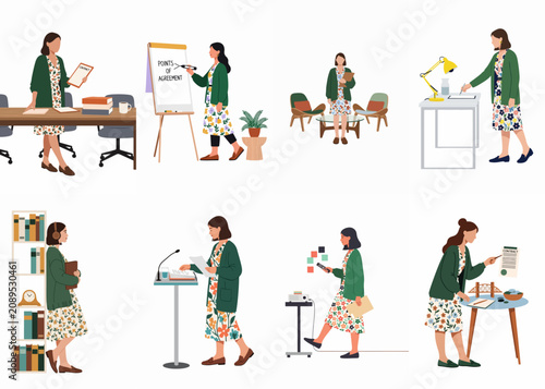 Εκτύπωση καμβά Collection of illustrations showing a professional woman in various office settings, performing tasks like signing contracts, giving presentations, and planning projects