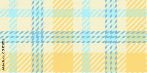 A seamless tartan plaid pattern in soft light blue and yellow shades with a woven texture. Perfect for textile designs, digital projects, or creative fashion applications.