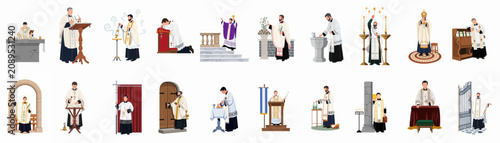 Bild auf Leinwand Comprehensive set of flat vector illustrations depicting Catholic priests performing various liturgical ceremonies, rituals, and sacred duties within the church
