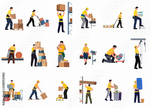 Illustration set of diverse manual laborers and warehouse workers performing heavy lifting, carrying boxes, and various industrial tasks for workplace safety and logistics.