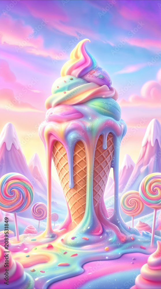 Obraz premium Rainbow ice cream cone melting in surreal candy landscape. Pastel colored dessert world with giant lollipops and sugary mountains.