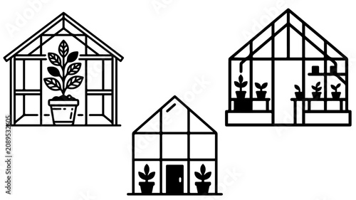  Greenhouse and Glasshouse Line Art Illustrations Set