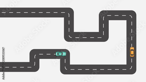 Cartoon MG animation, top view of two cars driving on a winding road.