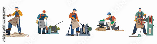 Tableau sur toile Set of vector illustrations depicting maritime workers operating winches, handli