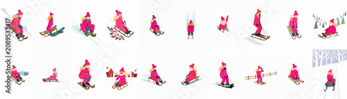 Bild auf Leinwand Flat vector illustration collection of a girl in pink winter gear sledding down snowy hills in various poses and winter settings