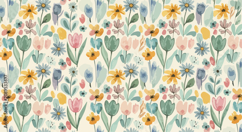 Seamless Watercolor Blossom Pattern With Delicate Botanical Elements