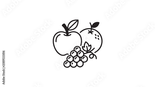 Fresh Fruits Collection Grapes Apple and Orange Line Art